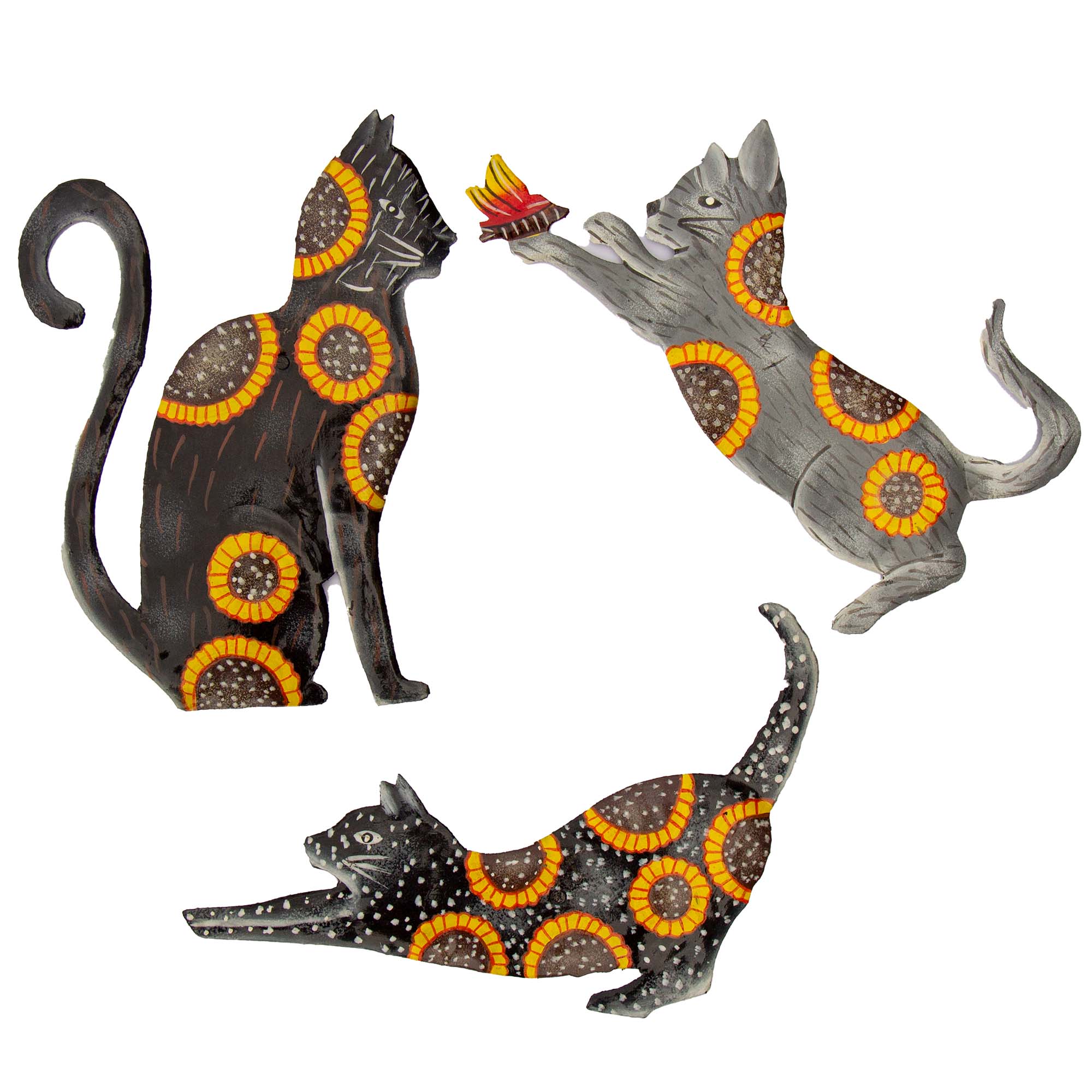 Three Hand Crafted Cat Steel Drum Wall Art Painted with Sunflowers, Fair Trade, Haiti