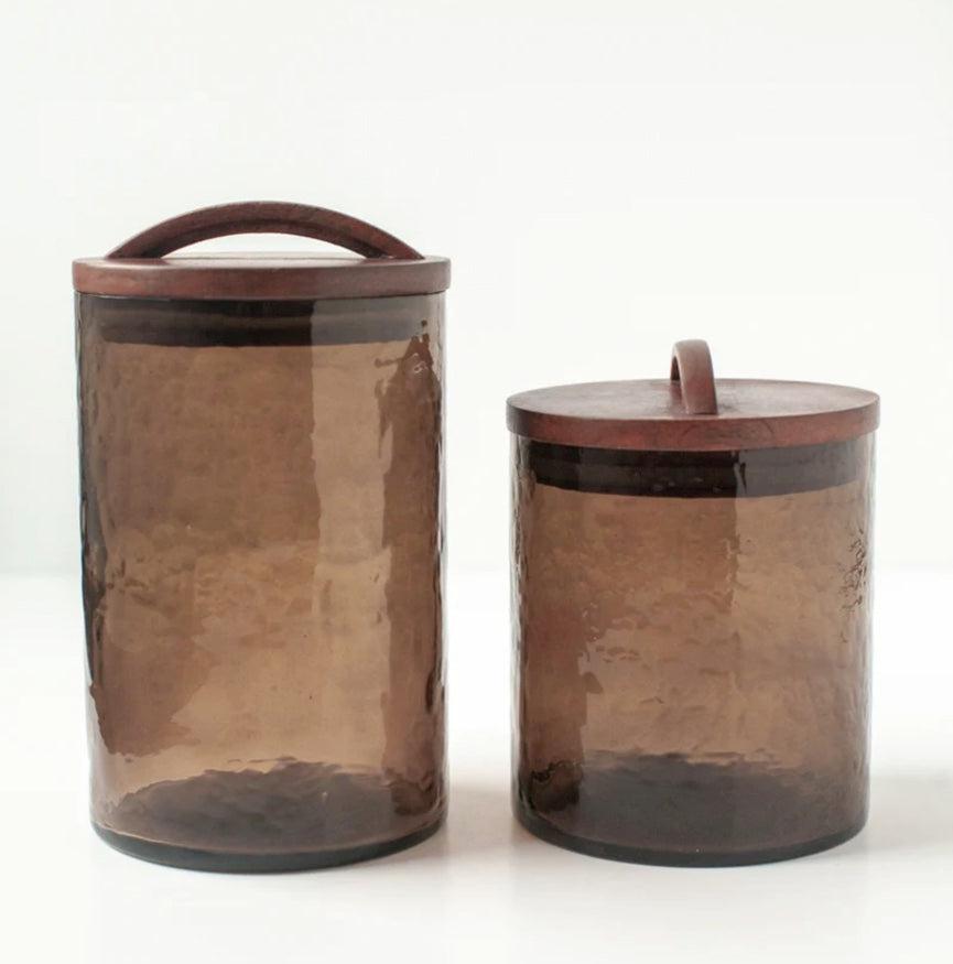 Handblown Hammered Glass Canisters With Wood Lid, Recycled, Ethically Made
