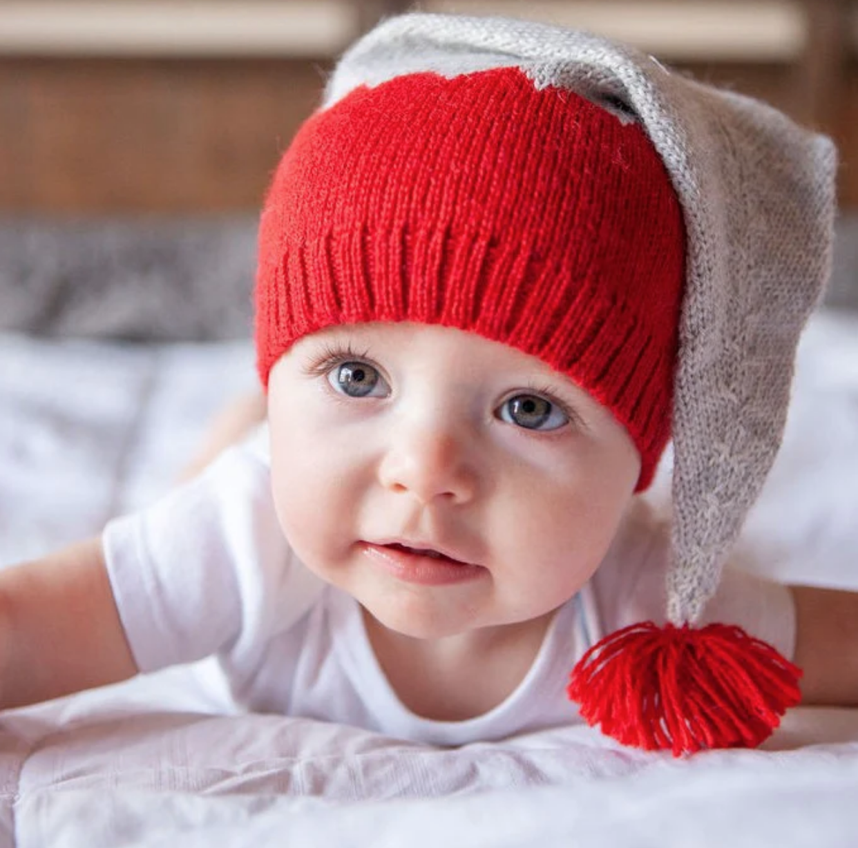 HandKnit Grey & Red Stocking Hat with Pom for Baby, Fair Trade