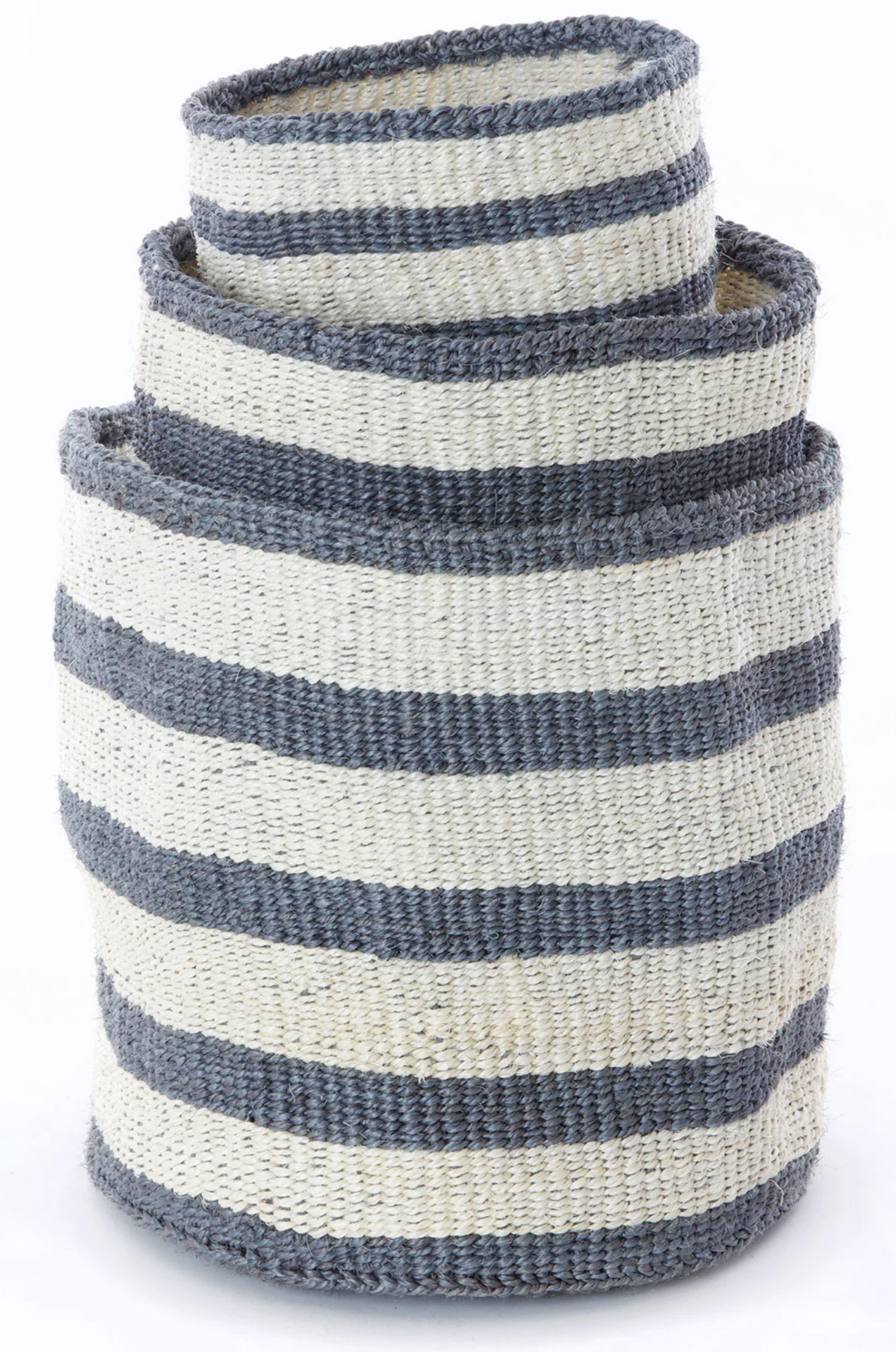 3 Handwoven Grey & Cream  Striped Twill Sisal Nesting Baskets, Kenya, Fair Trade