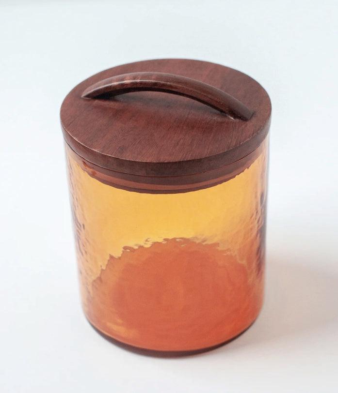 Handblown Hammered Glass Canisters With Wood Lid, Recycled, Ethically Made