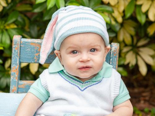 Handmade Knit Striped white & Blue Baby/ Toddler Bunny Ear Hat - Fair Trade