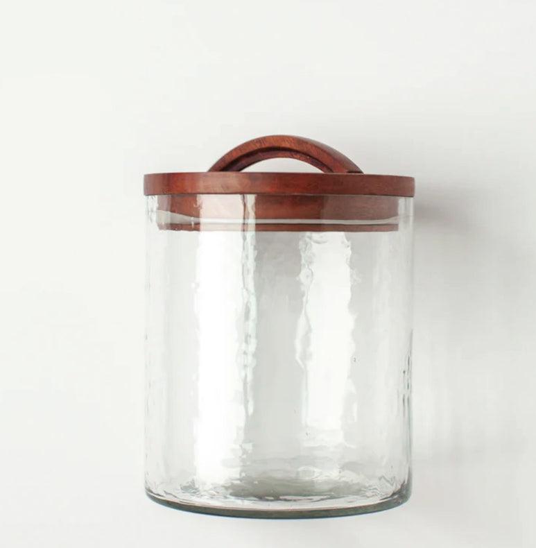 Handblown Hammered Glass Canisters With Wood Lid, Recycled, Ethically Made