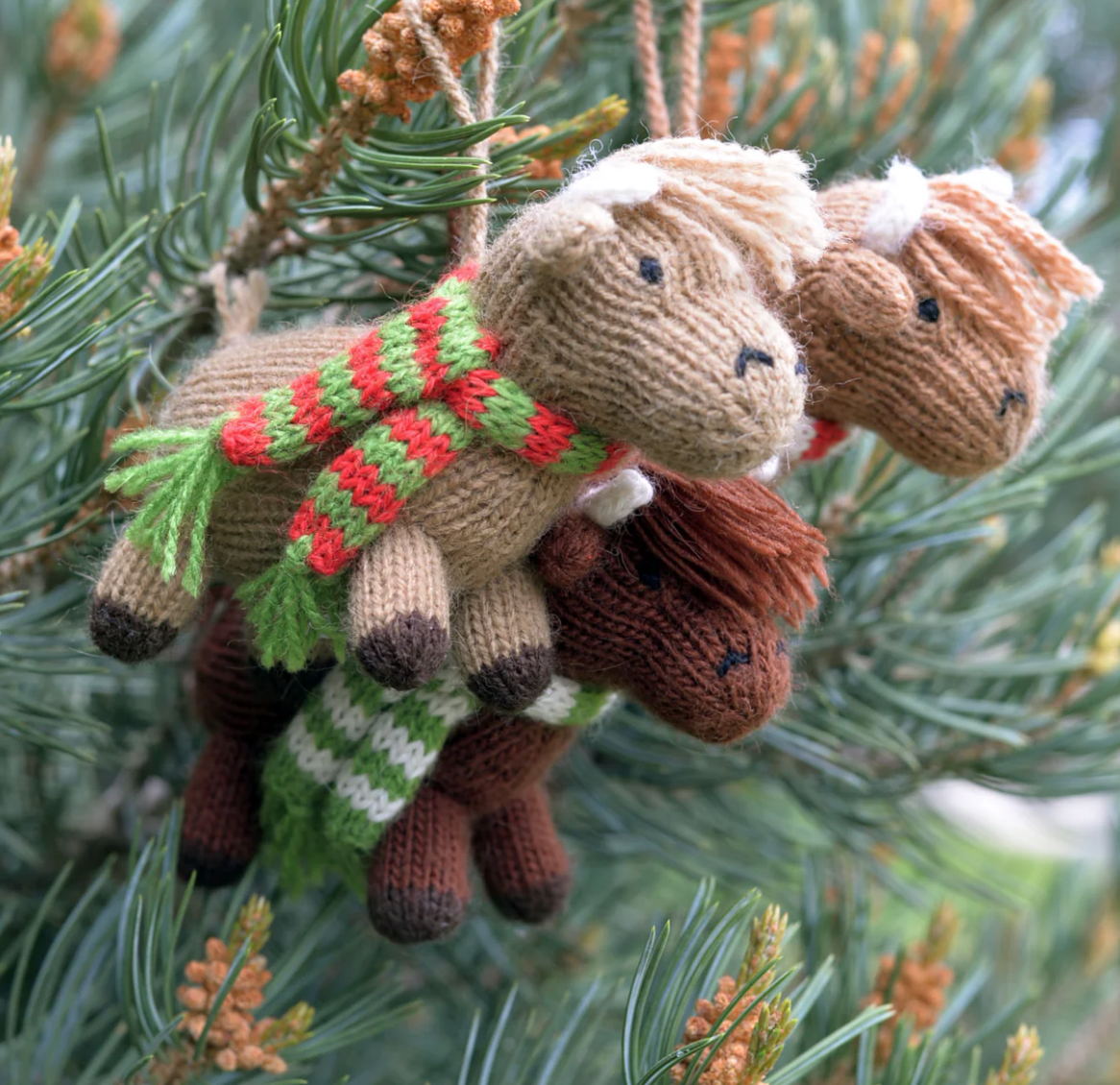 Hand-Knit set of 3 Highland Cow Ornaments, Fair Trade from Peru