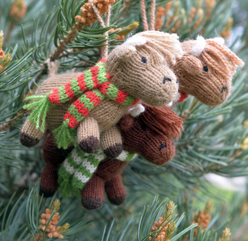 Hand-Knit set of 3 Highland Cow Ornaments, Fair Trade from Peru
