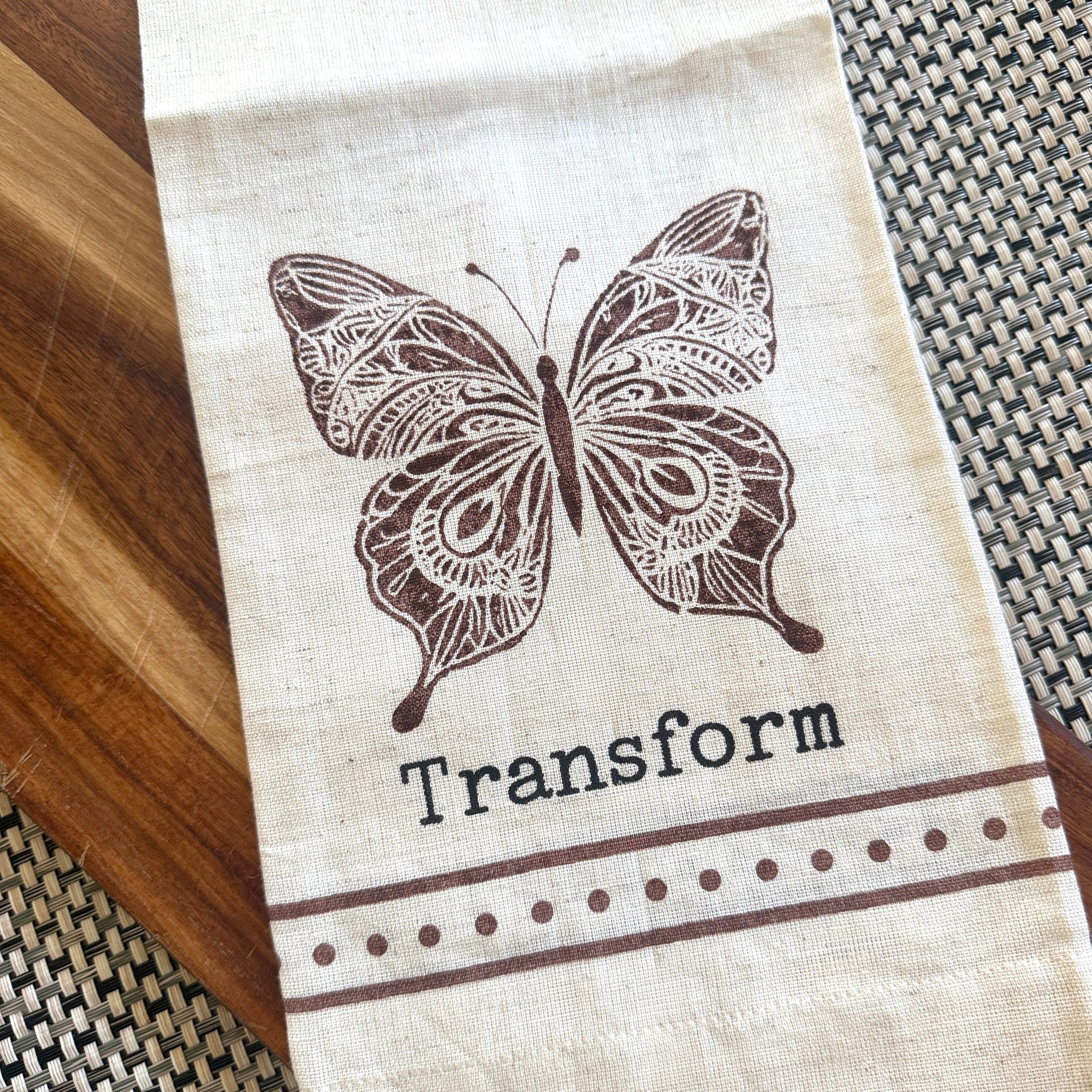 Butterfly Transform  Boho Kitchen Tea Towel, Cotton, Hand Printed & Handmade by Survivors