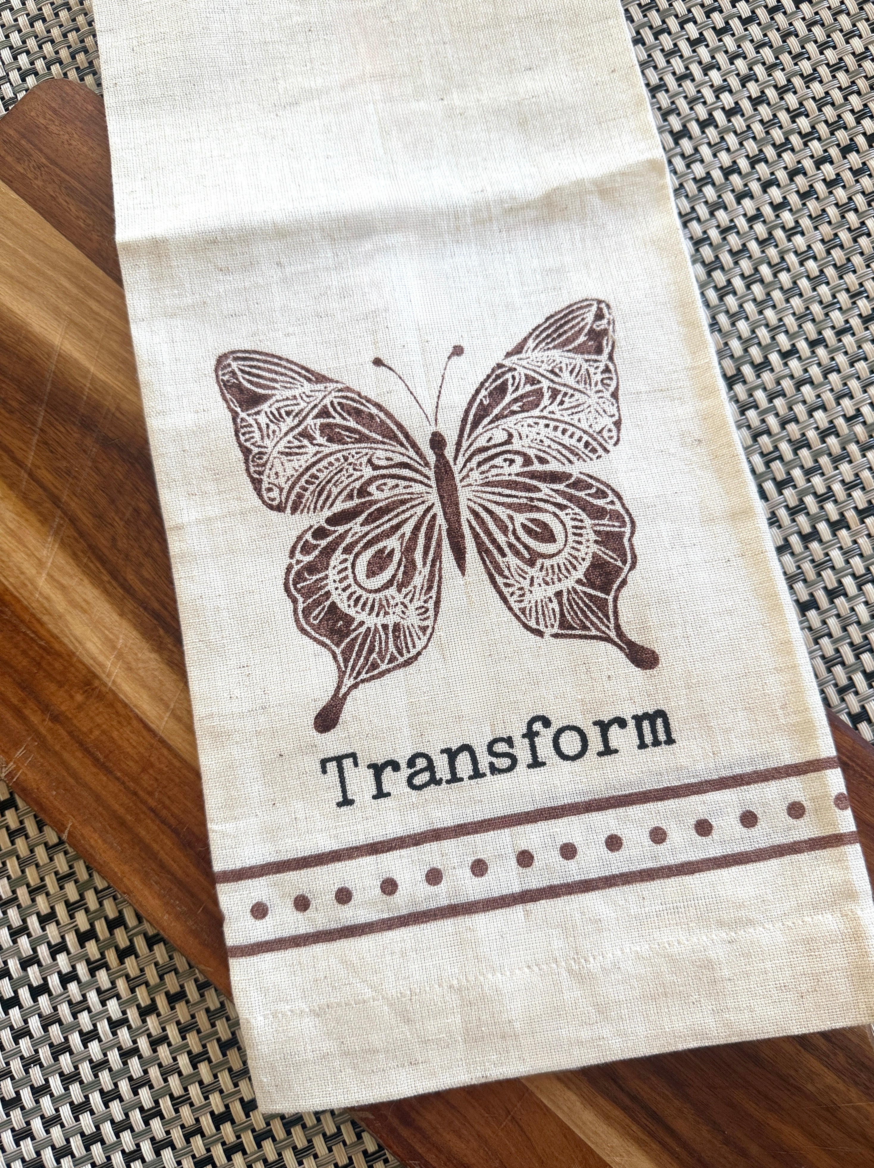 Butterfly Transform  Boho Kitchen Tea Towel, Cotton, Hand Printed & Handmade by Survivors