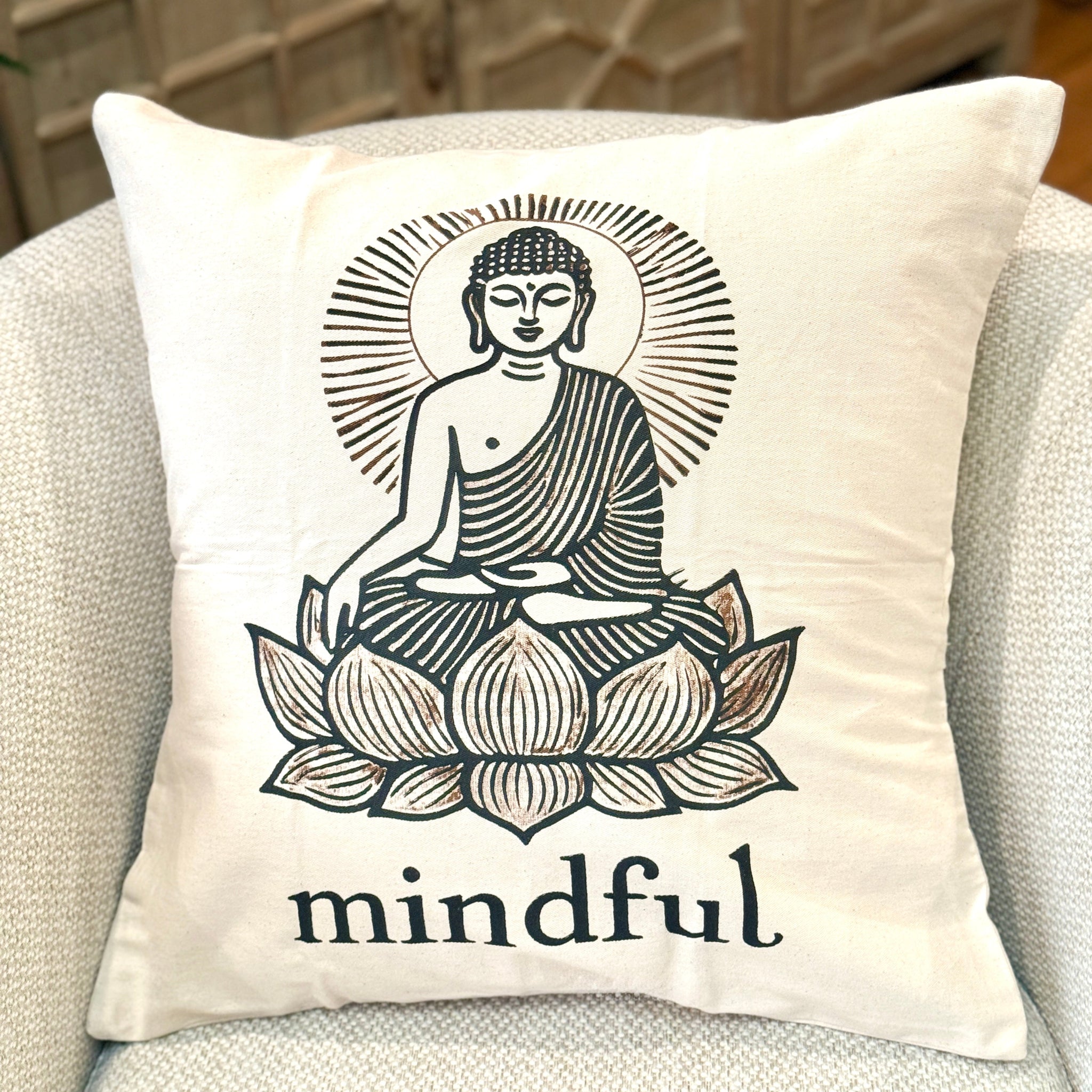 Mindful Buddha Decorative Pillow Cover- 20 x 20 - Handmade by Survivors