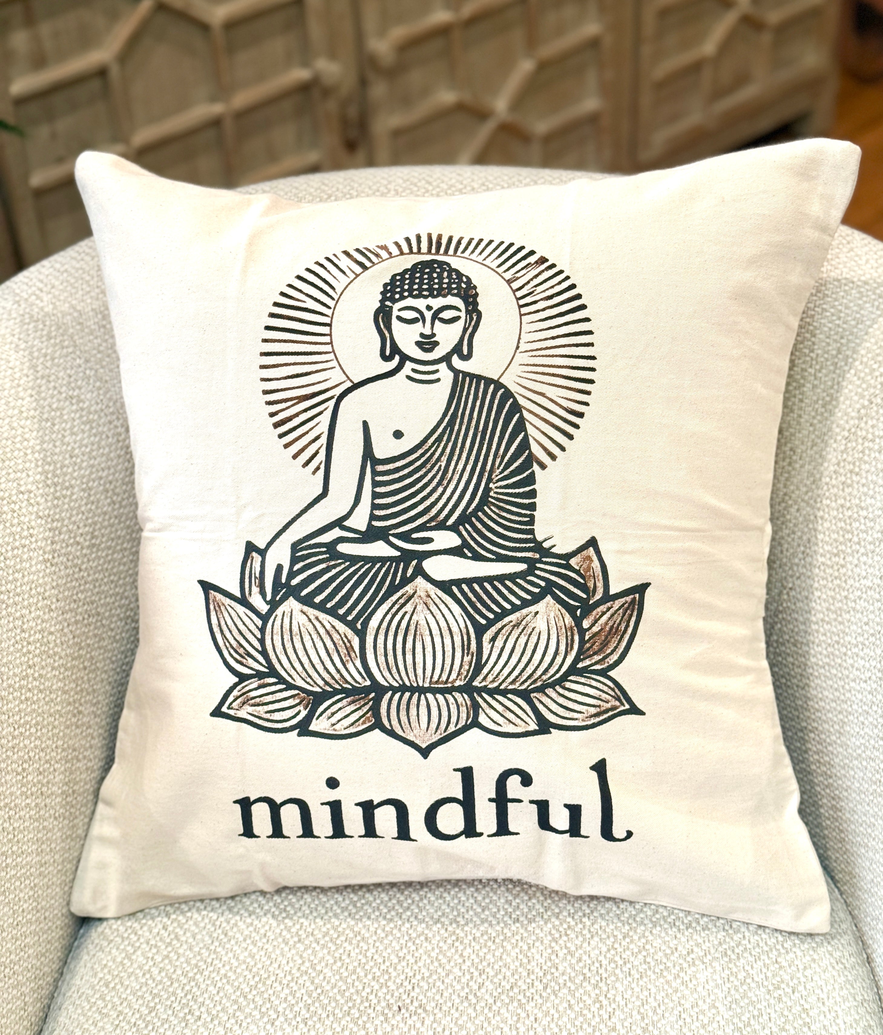 Mindful Buddha Decorative Pillow Cover- 20 x 20 - Handmade by Survivors