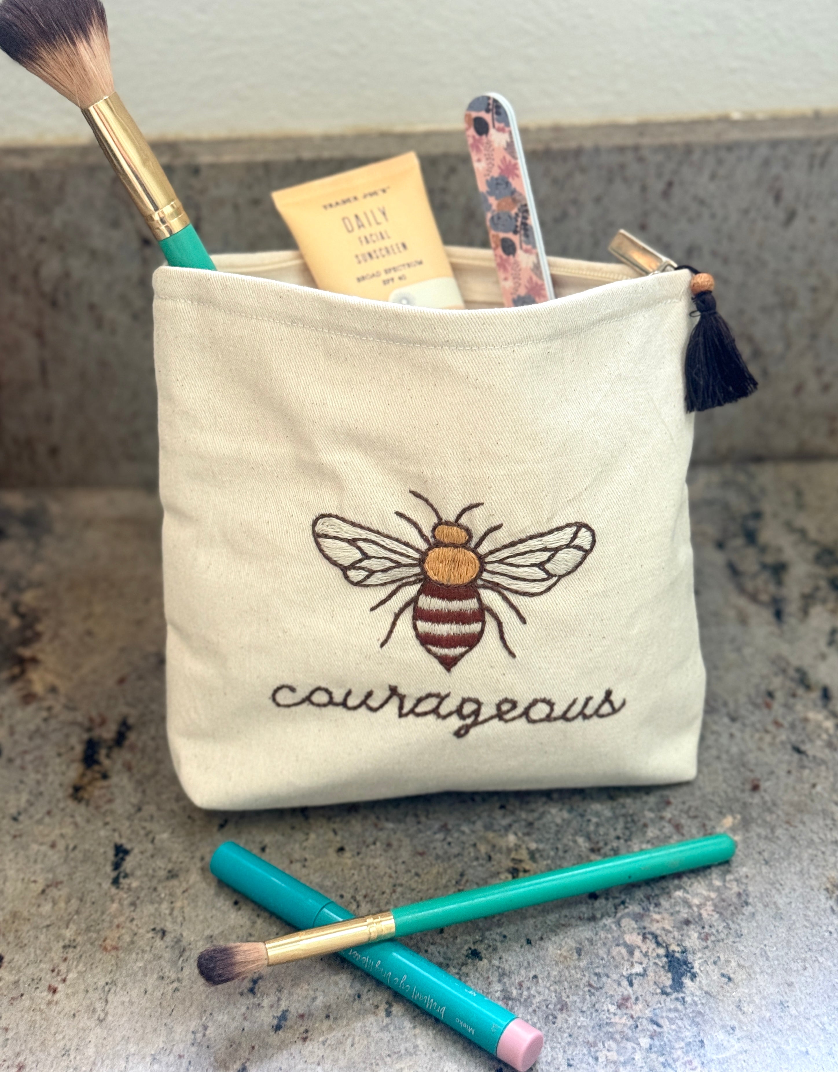 Embroidered Canvas Cosmetic Bags - Bee You, Bee Courageous, Bee The Change - Handmade by Survivors