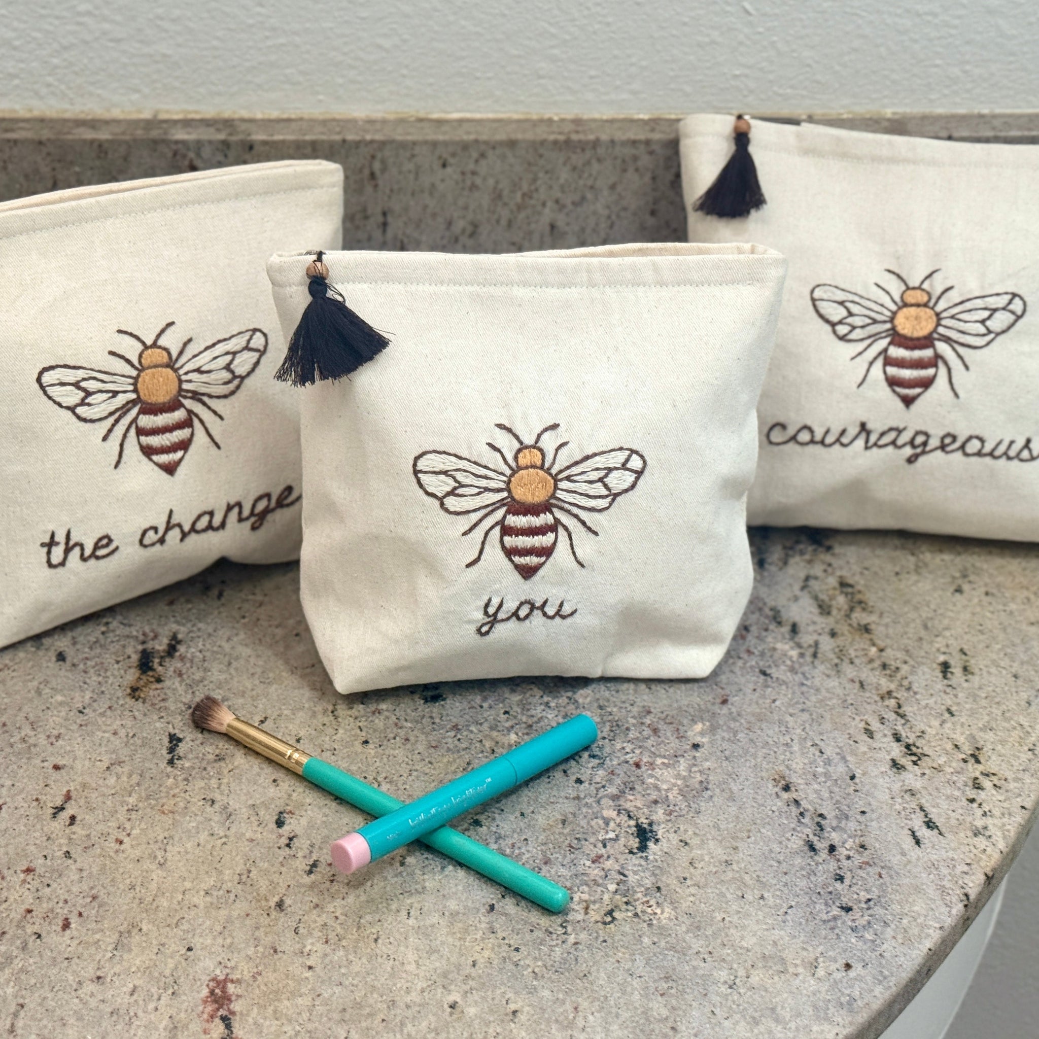 Embroidered Canvas Cosmetic Bags - Bee You, Bee Courageous, Bee The Change - Handmade by Survivors