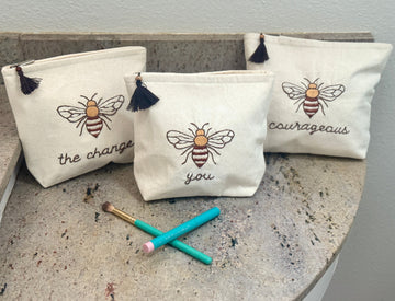 Embroidered Canvas Cosmetic Bags - Bee You, Bee Courageous, Bee The Change - Handmade by Survivors