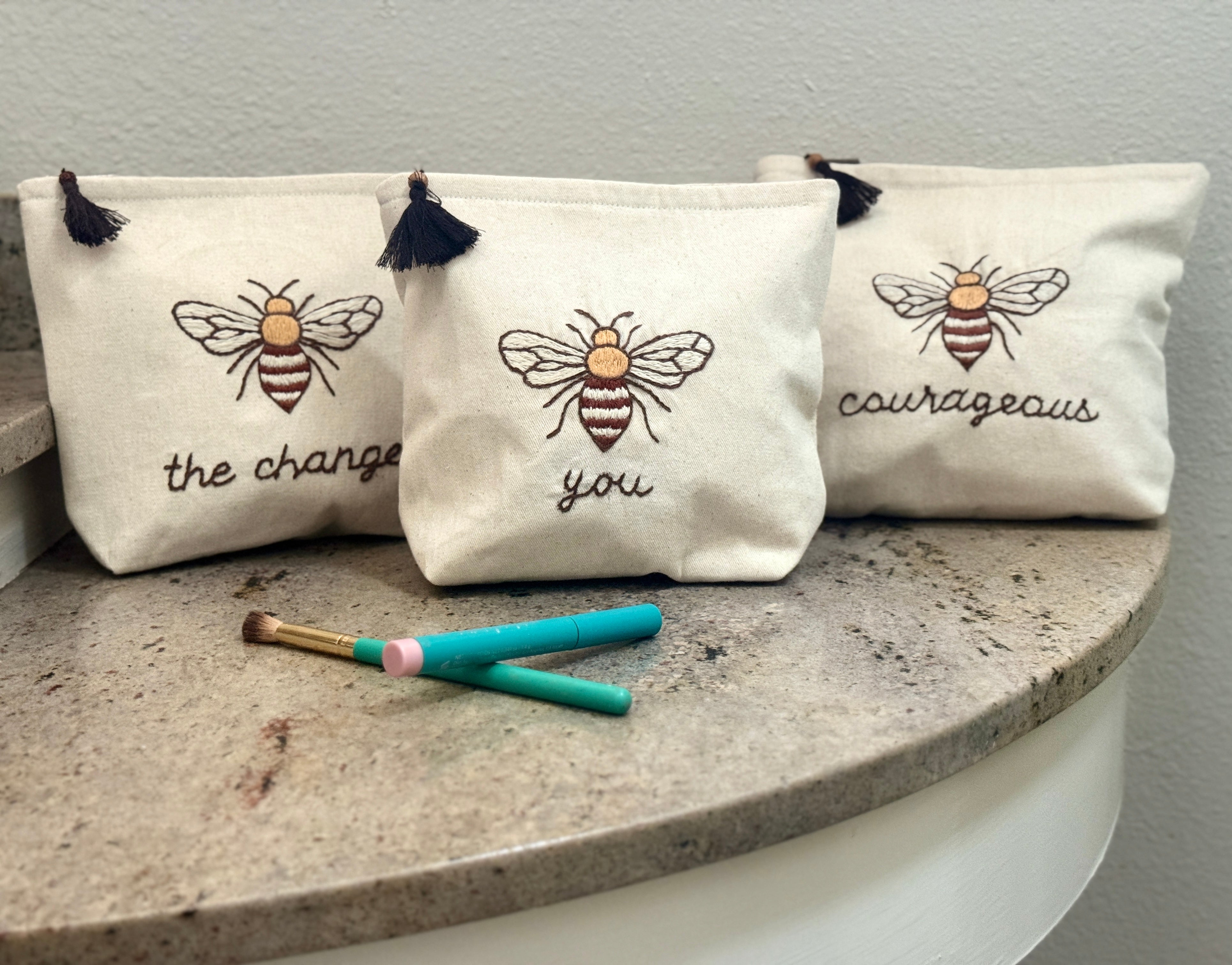 Embroidered Canvas Cosmetic Bags - Bee You, Bee Courageous, Bee The Change - Handmade by Survivors