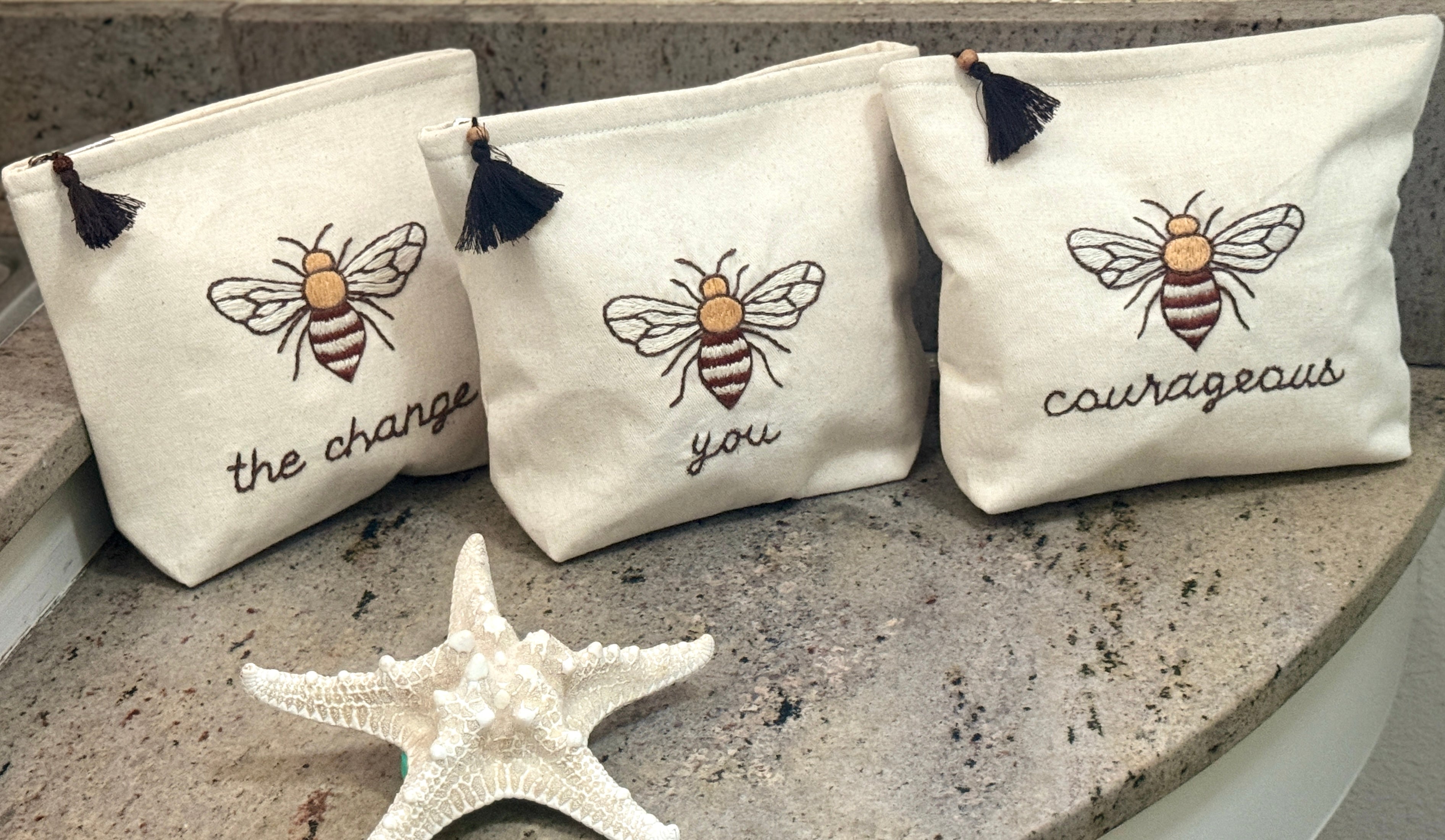 Embroidered Canvas Cosmetic Bags - Bee You, Bee Courageous, Bee The Change - Handmade by Survivors
