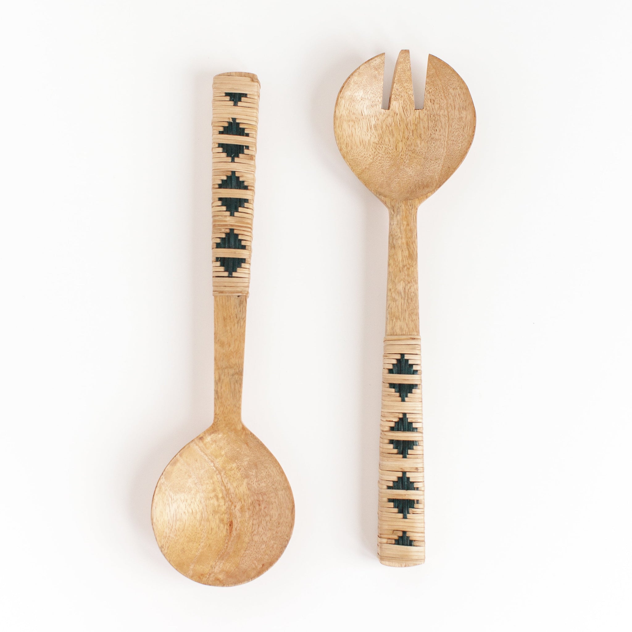 Woven Mango Wood Salad Servers, Geo design, Ethically Made, Fair Trade, India