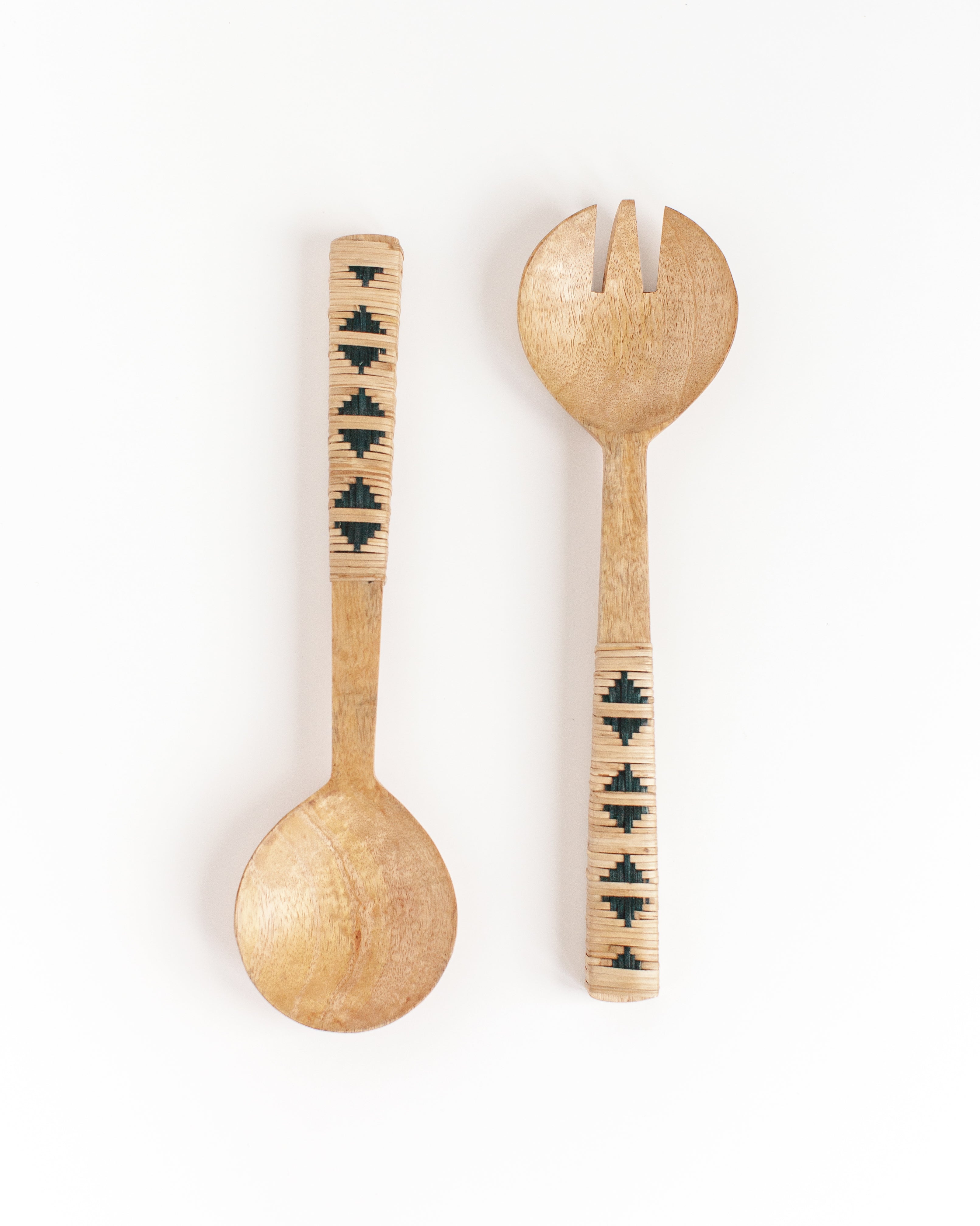 Woven Mango Wood Salad Servers, Geo design, Ethically Made, Fair Trade, India