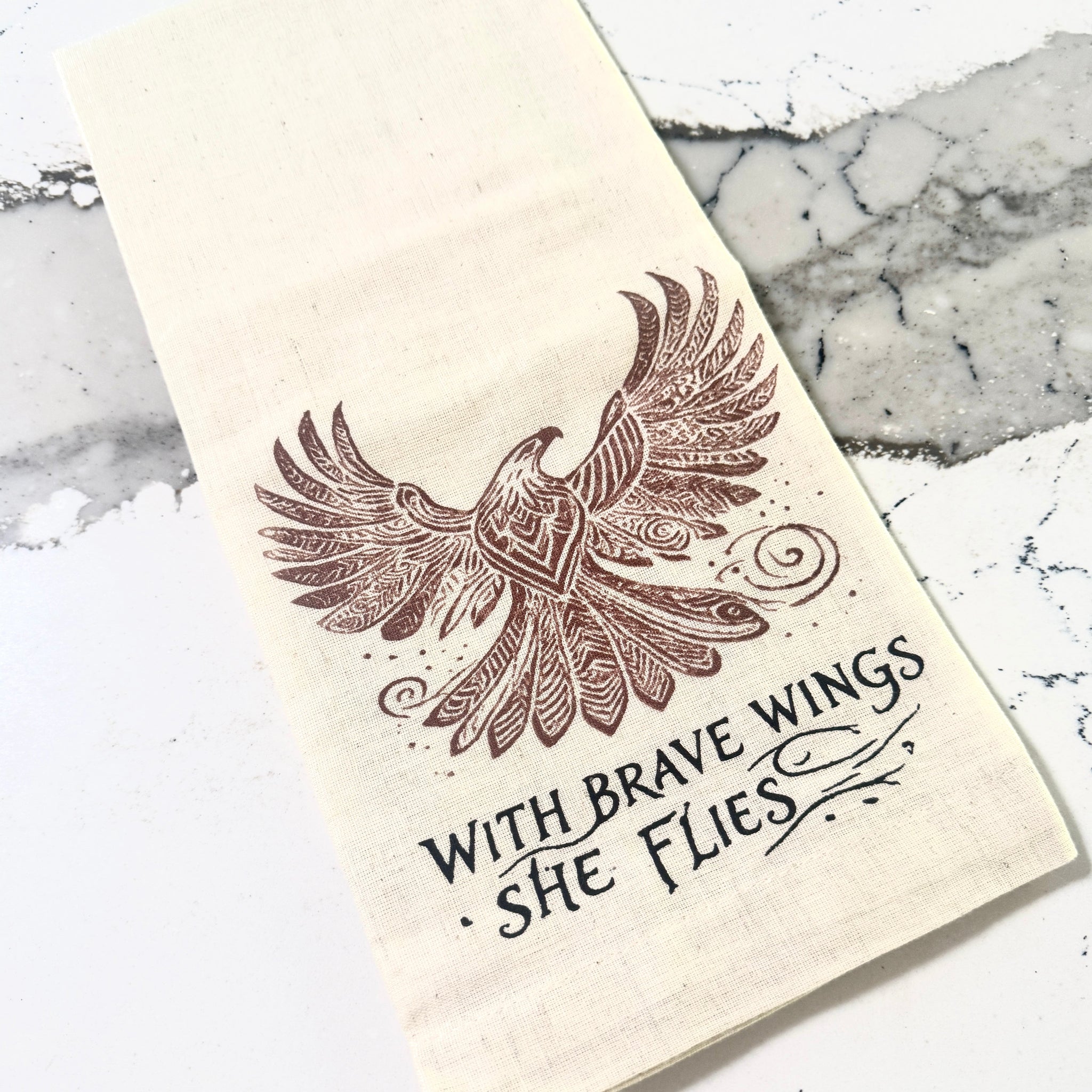 Kitchen Tea Towel -With Brave Wings She Flies Eagle- Handmade by Survivors
