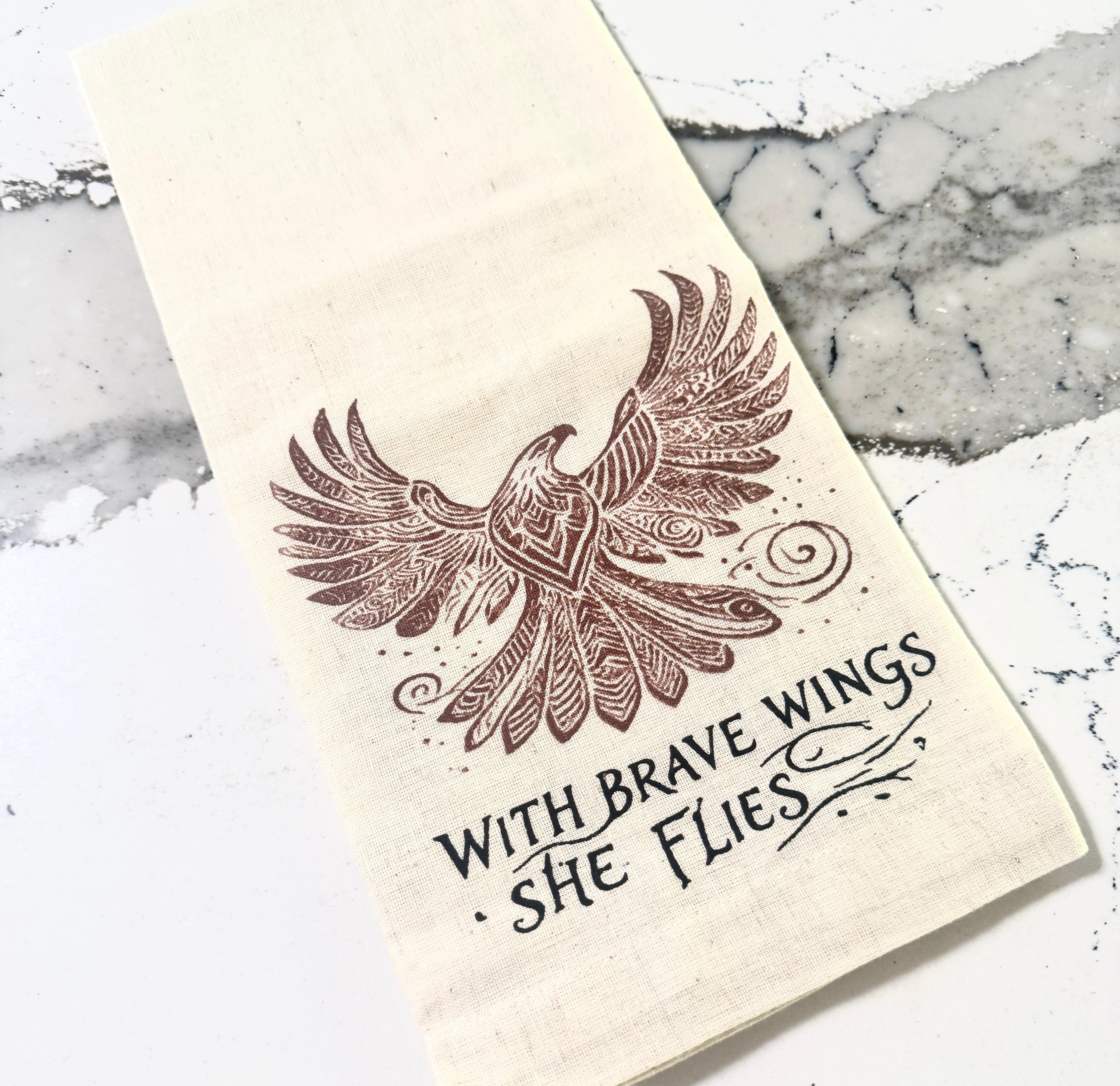 Kitchen Tea Towel -With Brave Wings She Flies Eagle- Handmade by Survivors