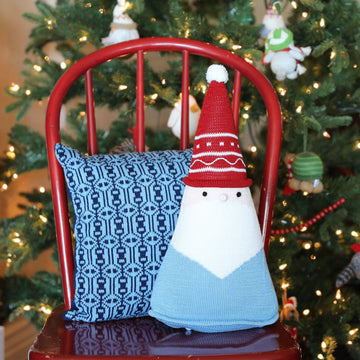 Hand Knit Blue Santa Christmas Pillow- Fair Trade