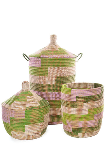 3 Handwoven, Mixed Sized Large Storage Baskets, Lavender & Green, Fair Trade, Senegal