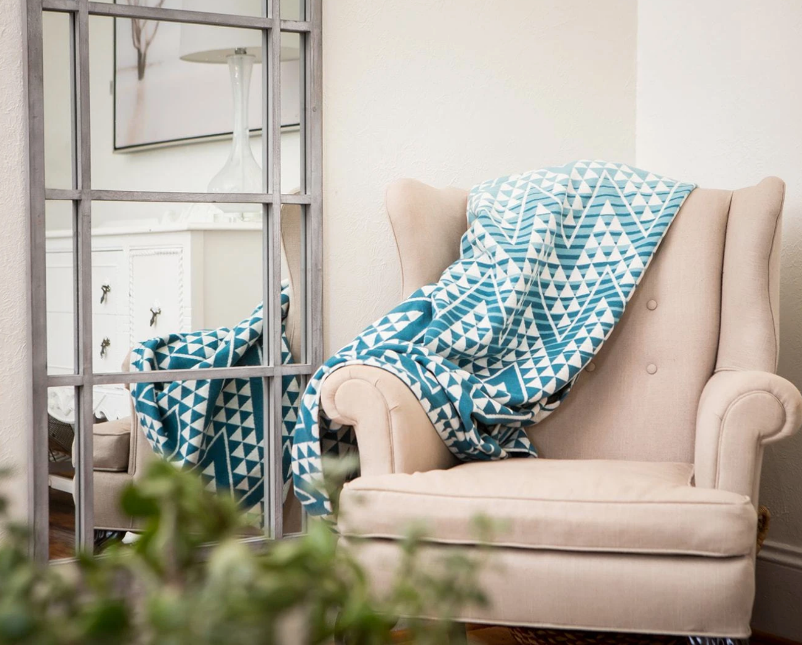 Turquoise & White Diamond Patterned Organic cotton Throw Blanket- Supports Domestic Violence Shelters