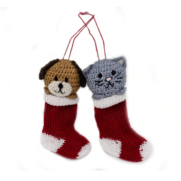 Set of 2 Hand Crocheted Puppy and Kitten in Stocking Ornaments, Fair Trade