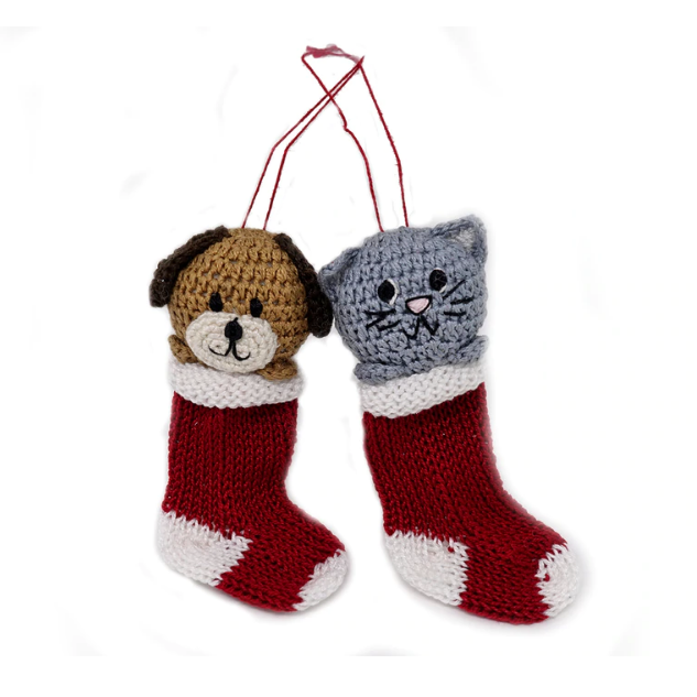 Set of 2 Hand Crocheted Puppy and Kitten in Stocking Ornaments, Fair Trade