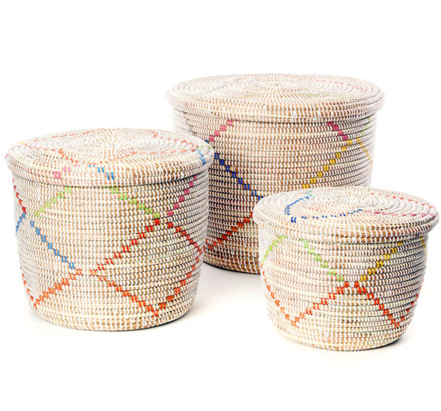 Set of Three Handwoven White Storage Baskets with Rainbow Diamonds, Fair Trade