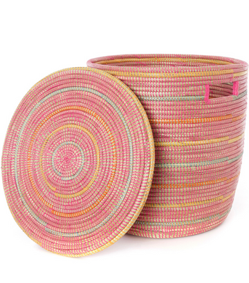 Pink Striped Hamper Laundry Storage Basket, Fair Trade- Senegal