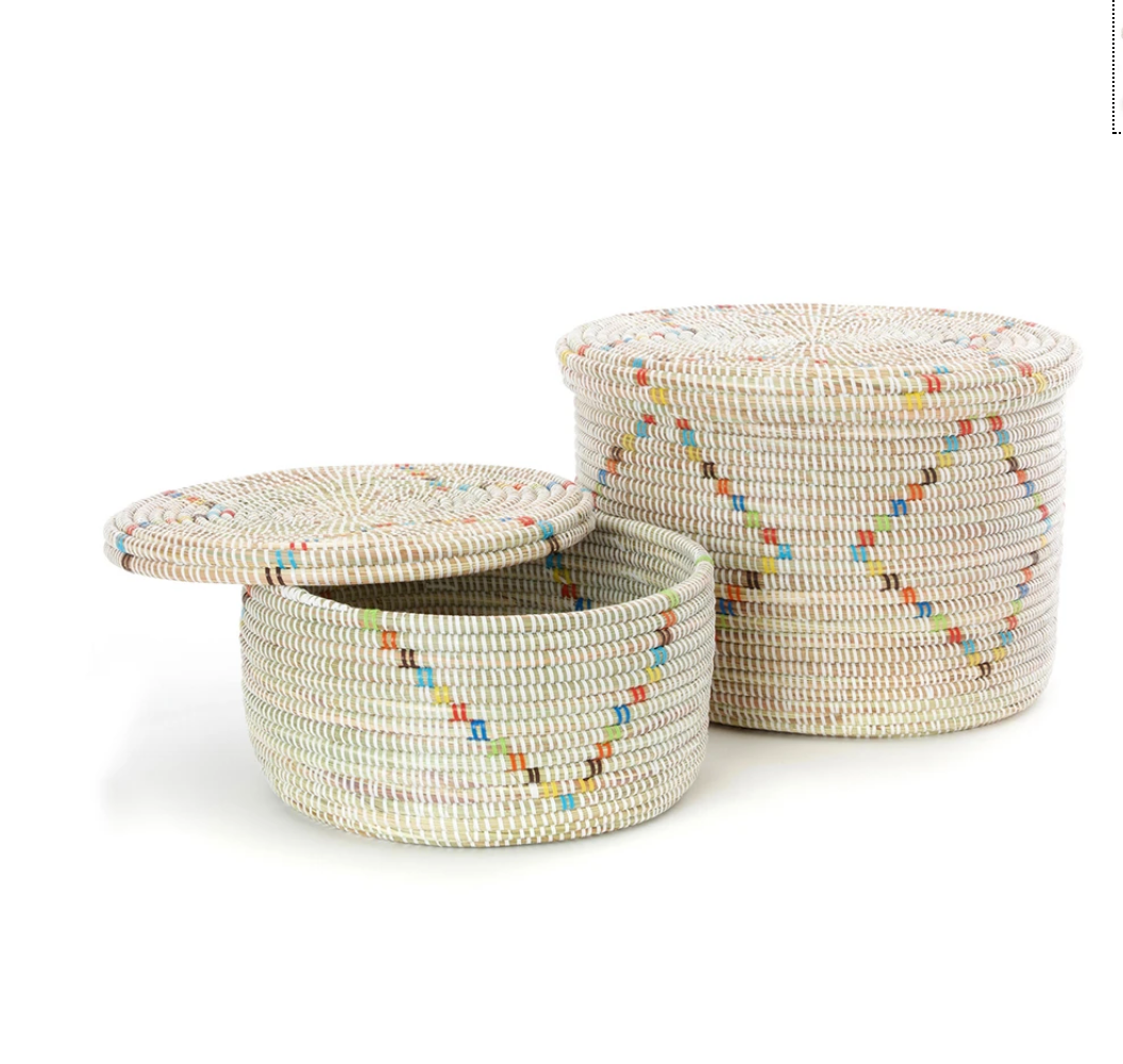 Set of 2 White Rainbow Diamond Handwoven African Cattail Decorative Storage Basket, Fair Trade