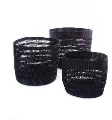 3 Black Lace Handwoven Basket Bins- Elephant Grass, Fair Trade, Eco-Friendly, Ghana