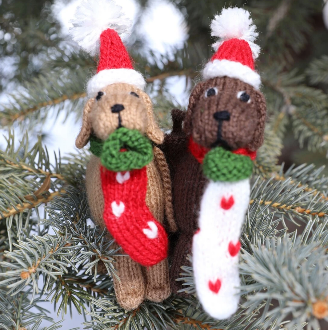 2 Hand Knit Dog & Stocking Christmas Tree Ornaments, Fair Trade, Peru