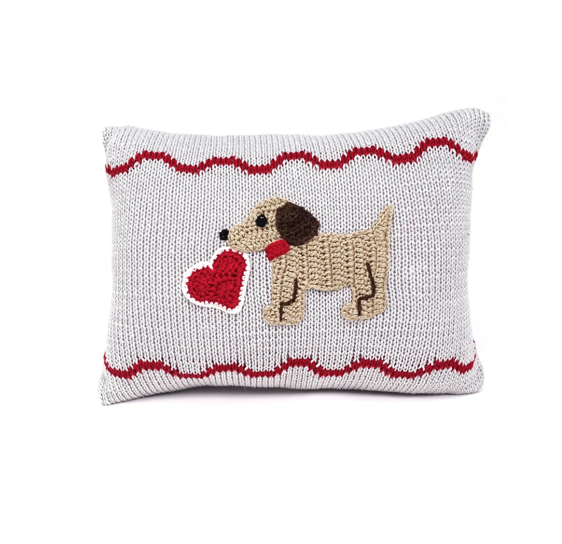 Grey handknit mini baby Puppy Pillow with Valentine's Heart, Fair Trade