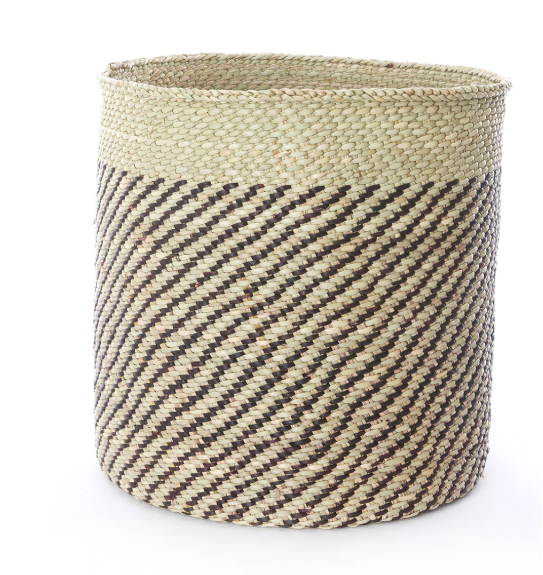 Handwoven Natural Grass Storage Baskets, Black Diagonal Accents, Fair Trade- Tanzania