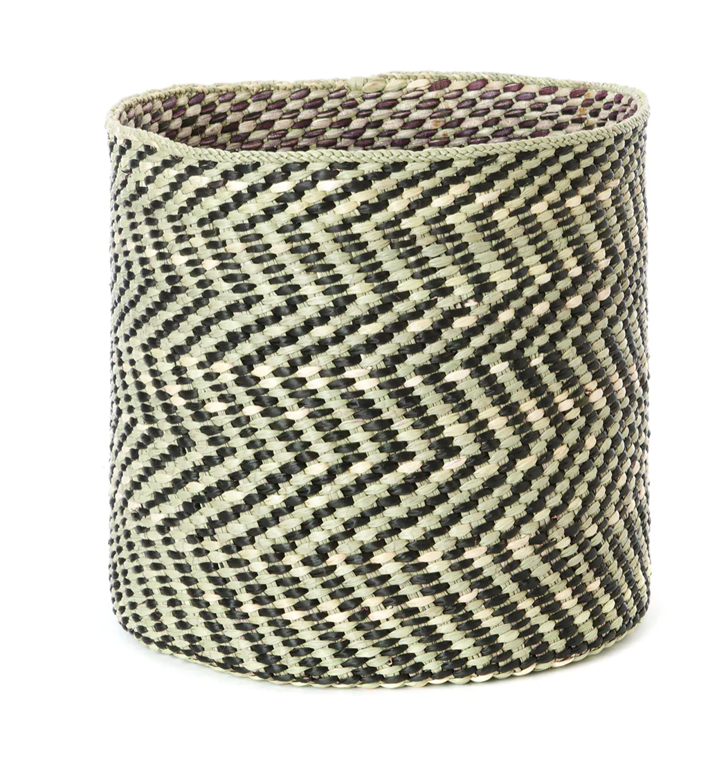 Handwoven Grass Reed Storage Baskets, Black Diagonal, Fair Trade, Tanzania
