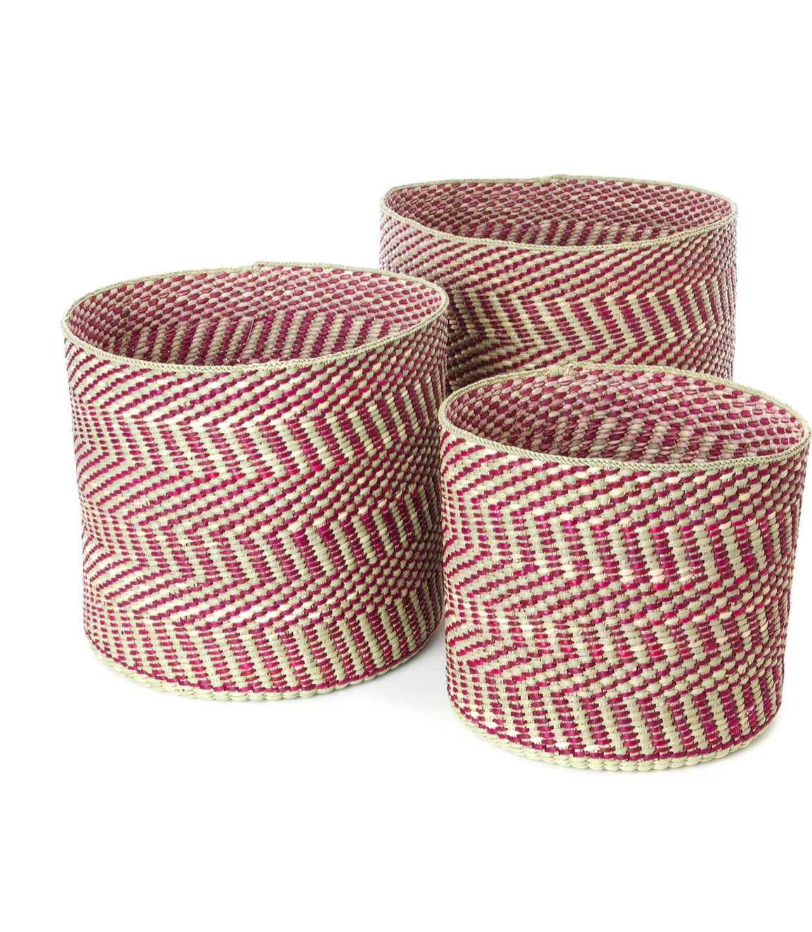 Handwoven Grass Reed Storage Baskets, Red Diagonal, Fair Trade, Tanzania