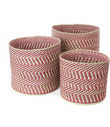 Handwoven Grass Reed Storage Baskets, Red Diagonal, Fair Trade, Tanzania