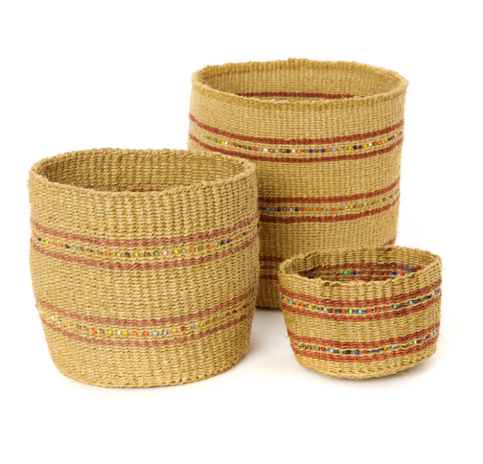 Set of 3 Handwoven Small Beige & Red Stripe beaded Sisal Baskets, Kenya, Fair Trade