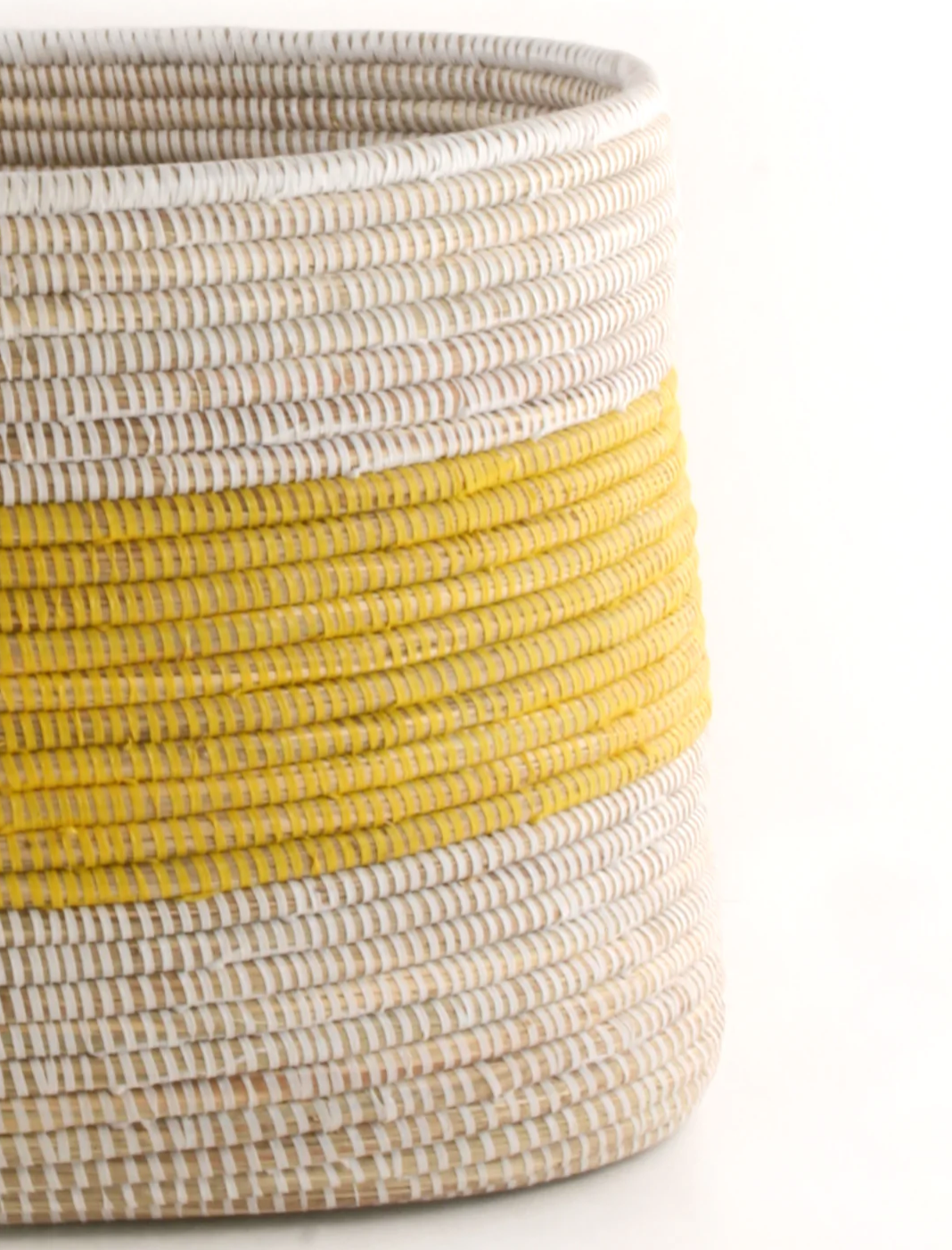 Handwoven Yellow Striped Knitting Storage Basket, African Cattail, Fair Trade, Senegal