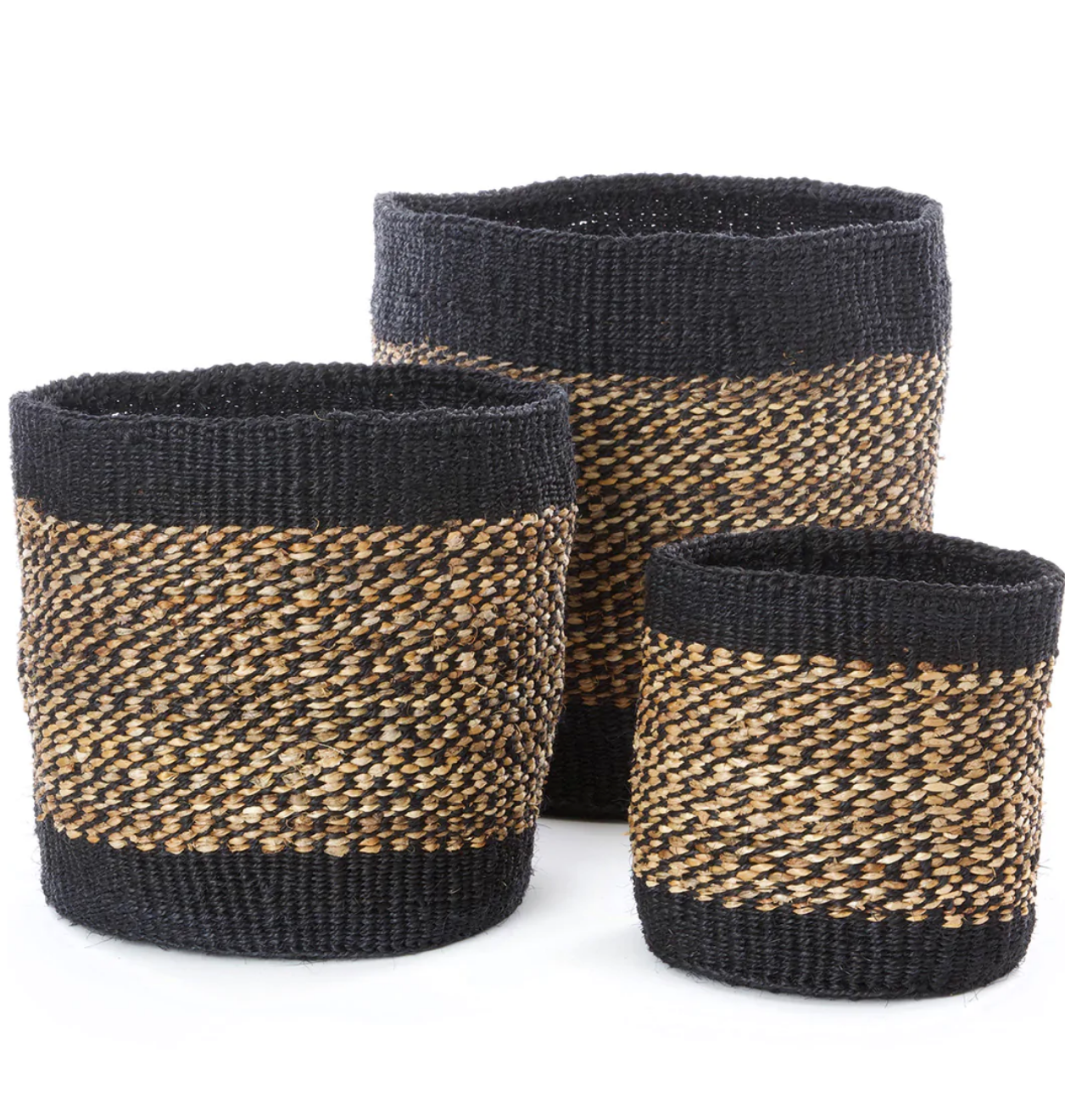 Three Handwoven Black & Beige Sisal Nesting Baskets, Kenya, Fair Trade