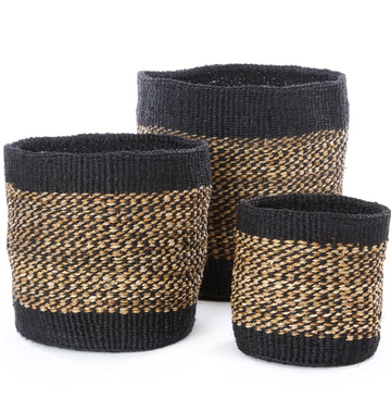 Three Handwoven Black & Beige Sisal Nesting Baskets, Kenya, Fair Trade
