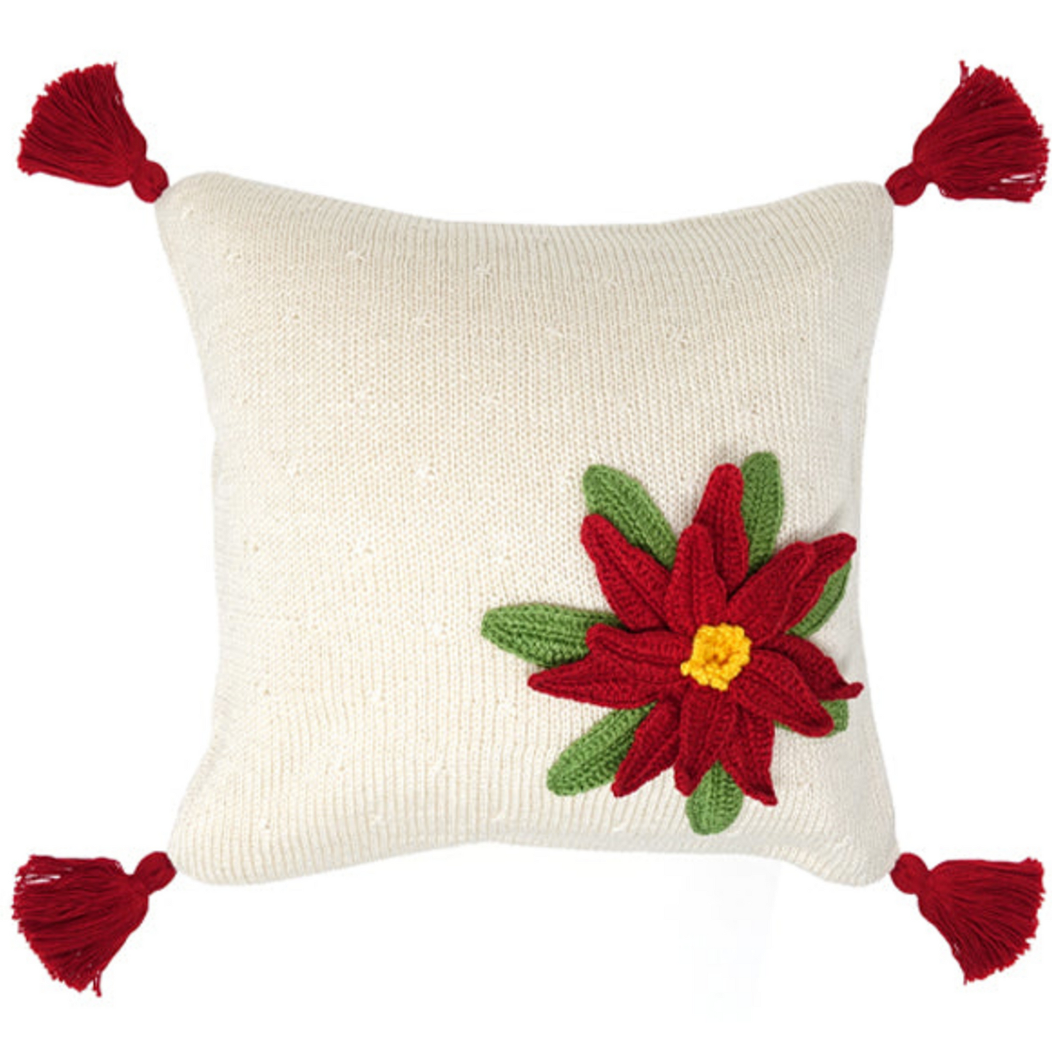 Hand Knit Poinsettia Holiday Christmas Pillow, Red Tassels, Fair Trade-Armenia