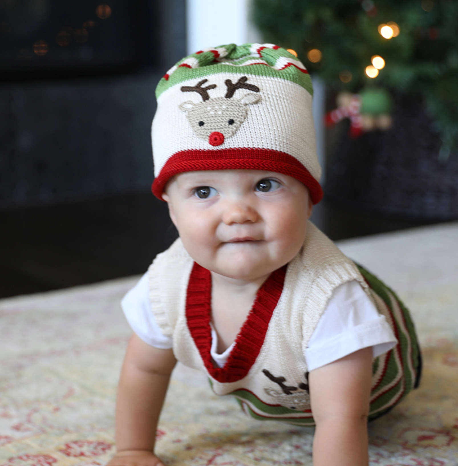Hand Knit Rudolf Christmas Baby Hat / Beanie with embroidery - Fair Trade