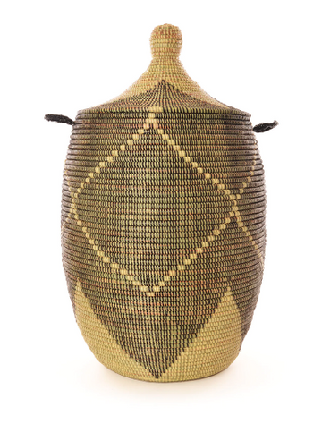 Large Handcrafted Black & Cream Diamond Hamper Decorative Storage Basket - Fair Trade, Eco-Friendly