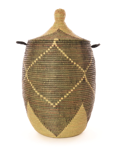 Large Handcrafted Black & Cream Diamond Hamper Decorative Storage Basket - Fair Trade, Eco-Friendly