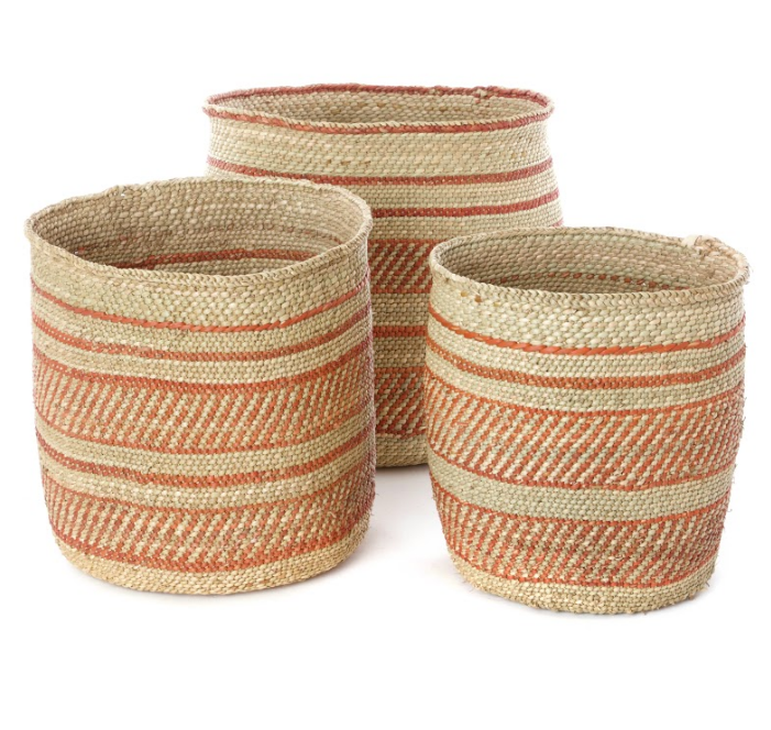 Handwoven Natural Grass Storage Baskets, Rust/Orange Accents, Fair Trade from Tanzania