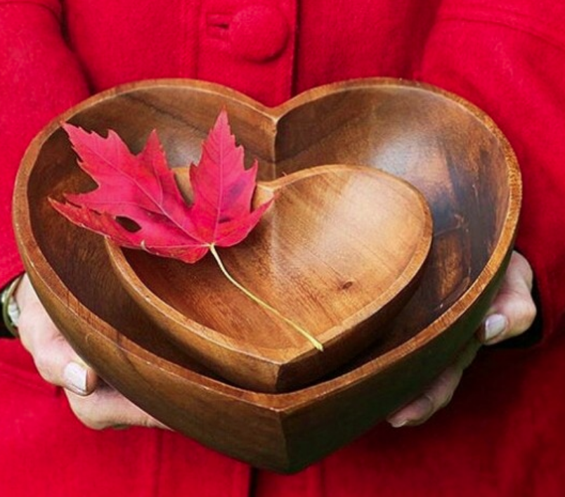 Set of 2 Acacia Wood Heart Bowls, 6" & 10" Bowls - Fair Trade & Sustainably Harvested