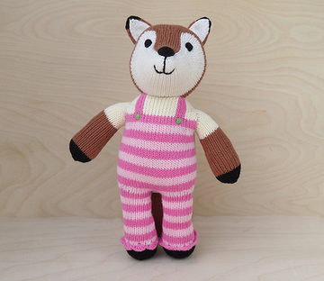 Handmade Fox Stuffed Animal, Pink Overalls, Fair Trade
