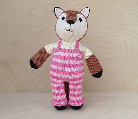 Handmade Fox Stuffed Animal, Pink Overalls, Fair Trade