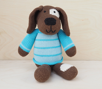 Hand Knit Stuffed Animal Dog with Blue Sweater, Fair Trade from Peru